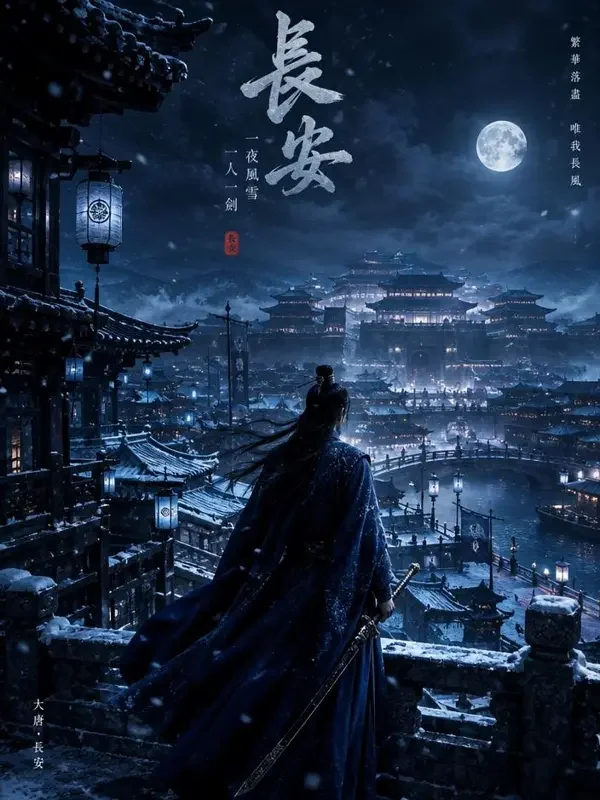 短剧《雪夜暗箭》封面，古装复仇题材，复仇、悬疑、边关、少年
