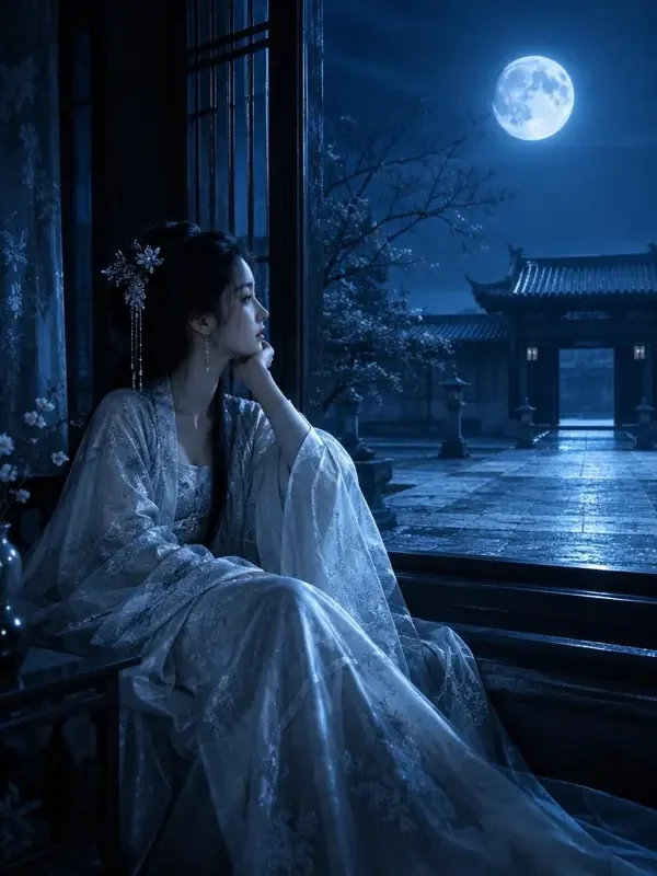 短剧《月下没有重逢》封面，古装虐恋题材，虐恋、等待、重逢、古装